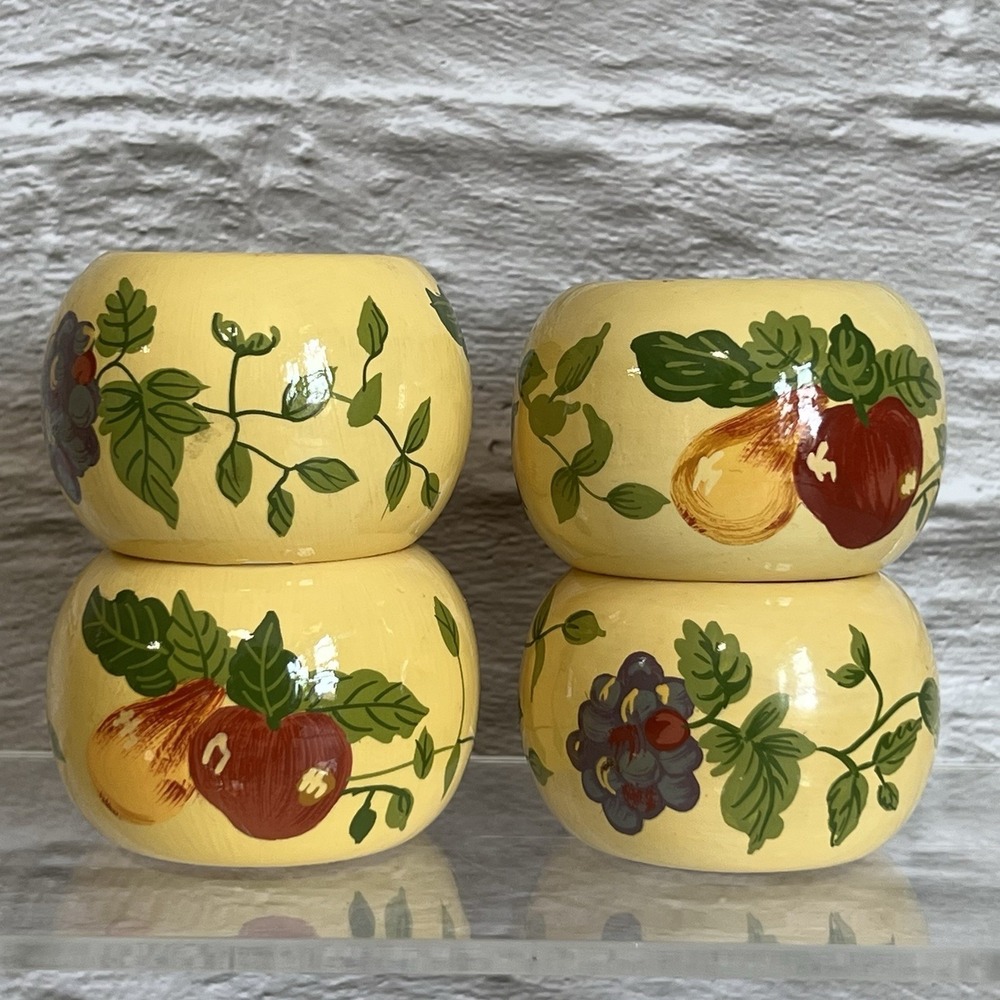 4 Vintage Colorful Fruit Vines Hand Painted Wooden Napkin Rings Made In India